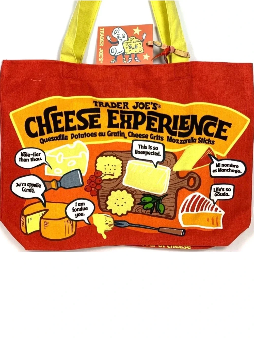 Trader Joe's Red 'Cheese Adventures' Graphic Tote with Yellow Straps